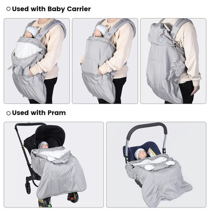 Orzbow Waterproof Baby Carrier Cover, Baby Carrier Cover Winter with Bag, Machine Washable, Central Pocket, Removable Drawstring Top, Bottom Double Two-Way Zippers, Light Grey Bear