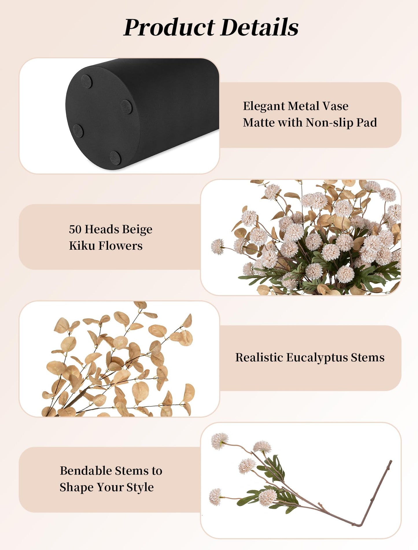 BLOSMON Fake Flowers Centerpieces for Tables: Gifts for Women Metal Vase with 12 Stems of Artificial Mums Kiku Eucalyptuses for Dining Room - Beige Faux Floral Arrangements in vase