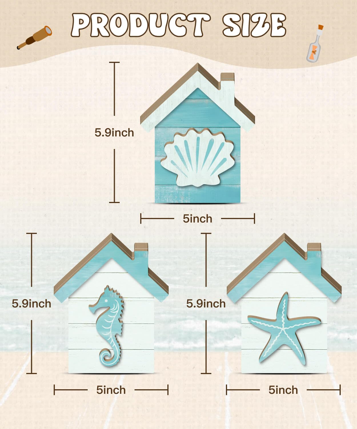 Putuo Decor Coastal Tabletop Decor Set of 3, Beach House Nautical Figurines with Seahorse Shell Starfish, Ocean Farmhouse Shelf Sitter for Bathroom, Living Room, Mantel, Tiered Tray