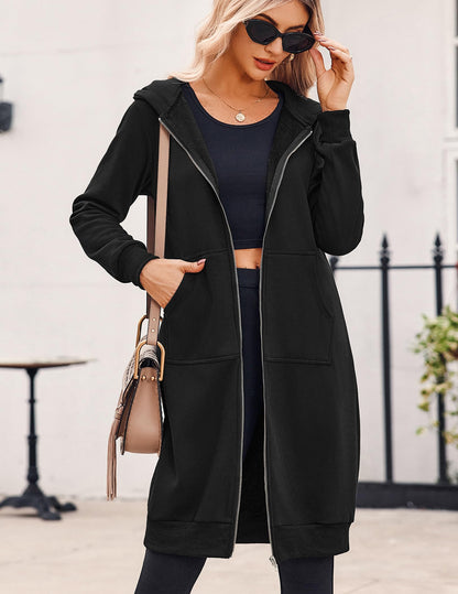 Zeagoo Women Casual Zip up Hoodies Fleece Tunic Sweatshirt Oversized Long Hoodie Jacket with Pocket Black