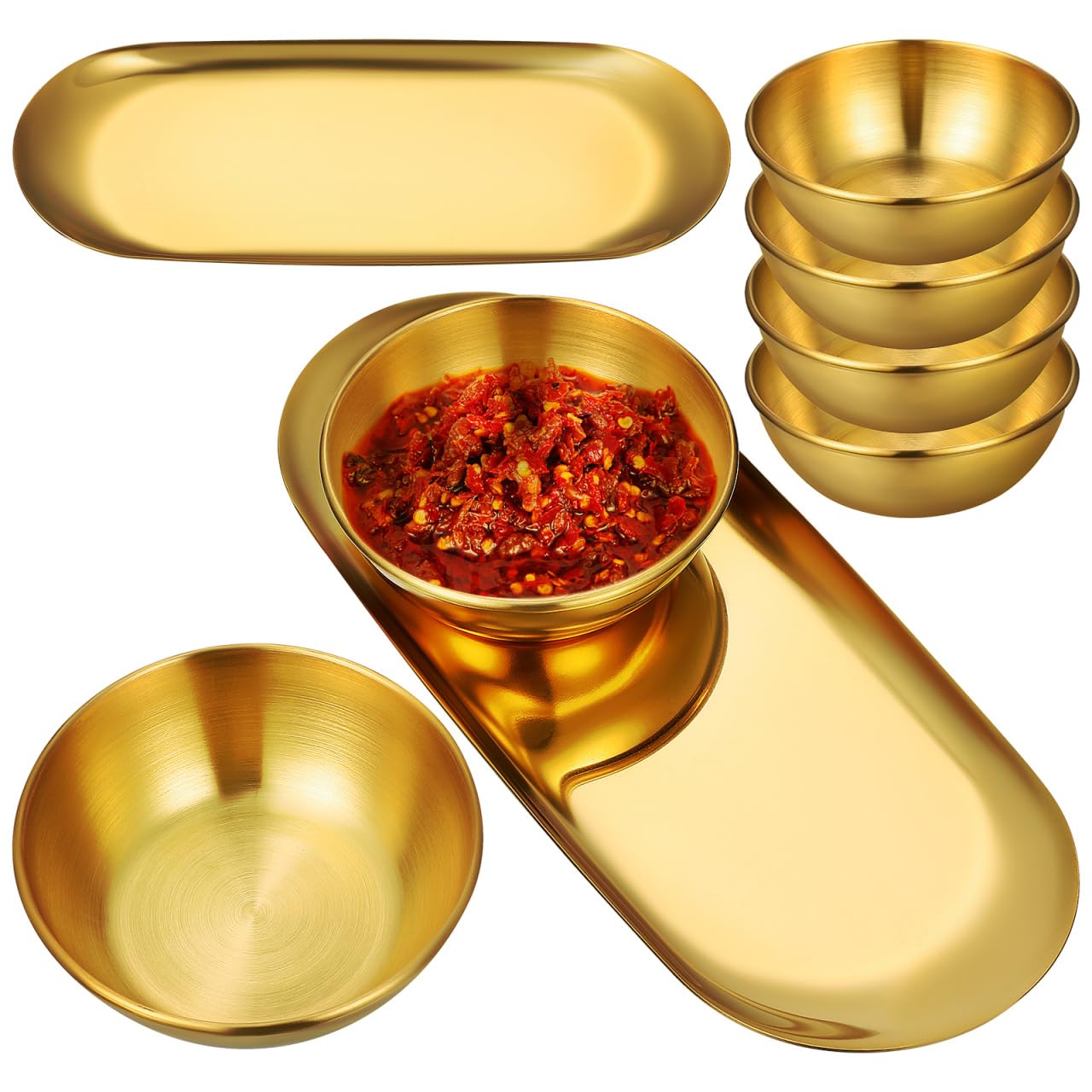 AUTSUPPL Gold Stainless Steel Sauce Bowl Tray Set with 6 Small Dipping Bowls and 2 Decorative Oval Trays for Sushi Seasoning and Home Dining