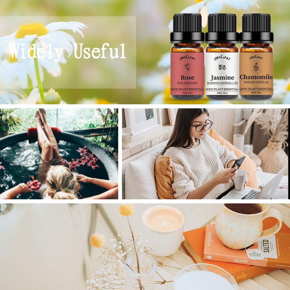 yethious Rose Jasmine Chamomile Essential Oil Set Organic 100% Pure Aromatherapy Oil for Diffuser, Soap, Candle Making 3 X 10ML