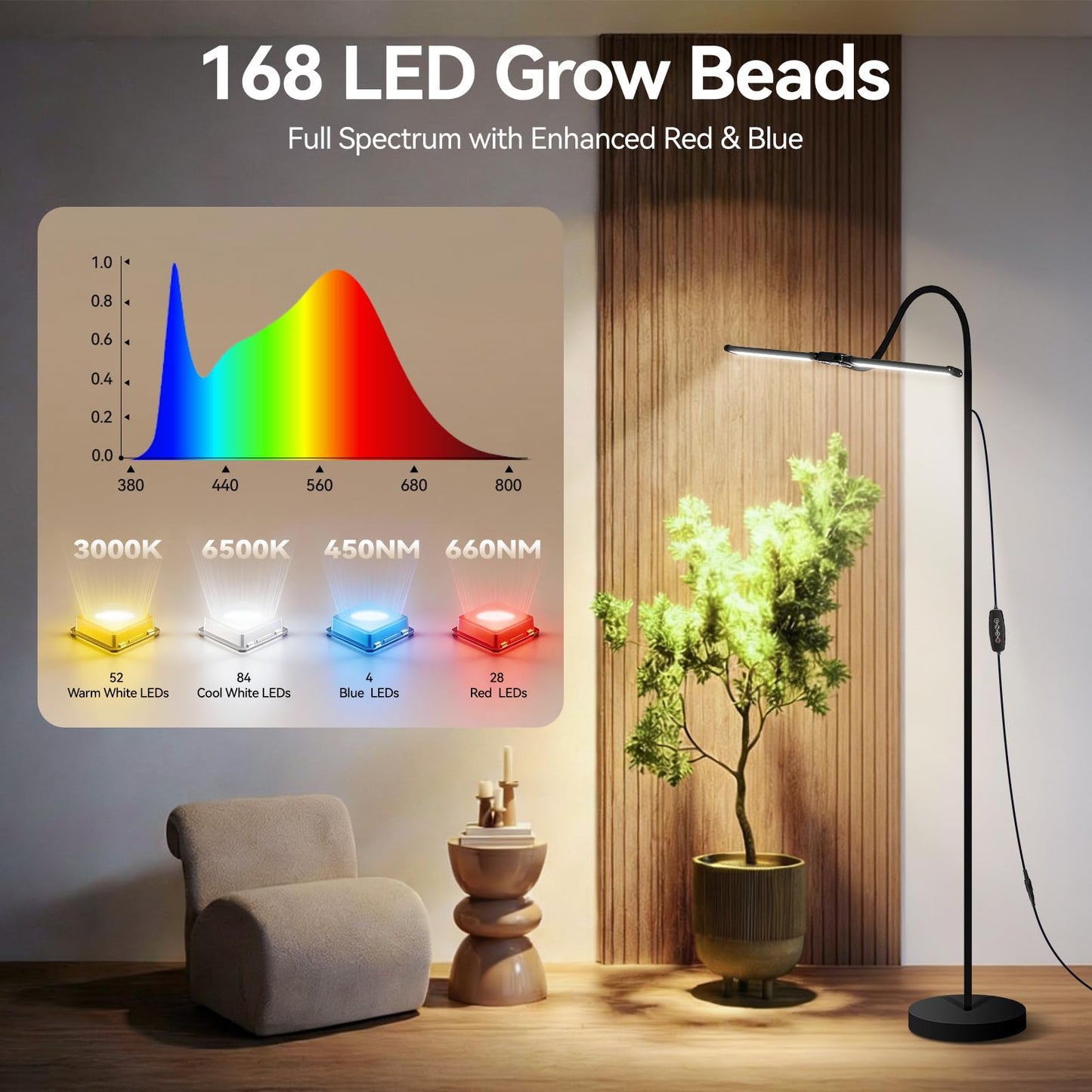 3CCT Grow Lights for Indoor Plants, 168 Full Spectrum LED Plant Light for Indoor Growing with 180° Expandable Lamp Head, 4/8/12H, Dimmable, 67in Tall Adjustable Standing Grow Light with 360° Gooseneck