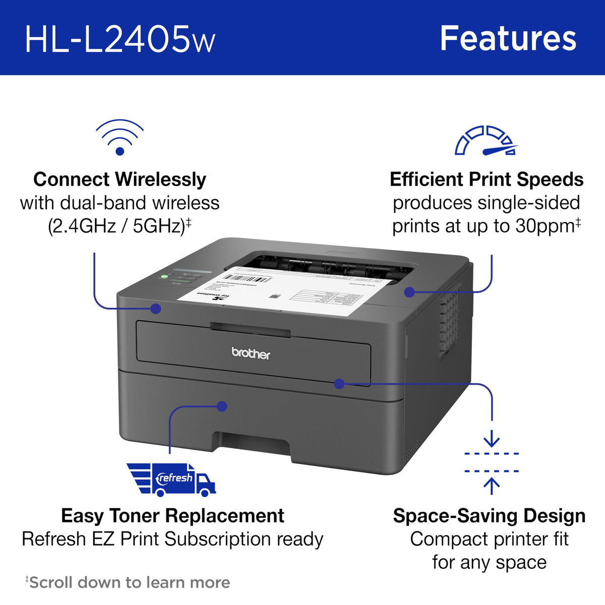 Brother HL-L2405W Wireless Compact Monochrome Laser Printer with Mobile Printing, Black & White Output | Includes Refresh Subscription Trial(1), Works with Alexa