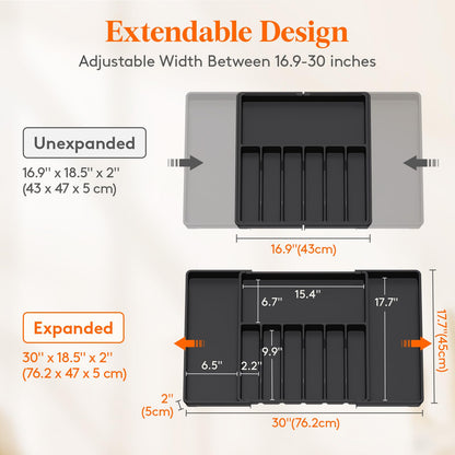 Lifewit Silverware Drawer Organizer, Expandable Utensil Tray for Kitchen, BPA Free Flatware and Cutlery Holder, Adjustable Plastic Storage for Spoons Forks Knives, 8.5"-14.1" x 12.1", Black