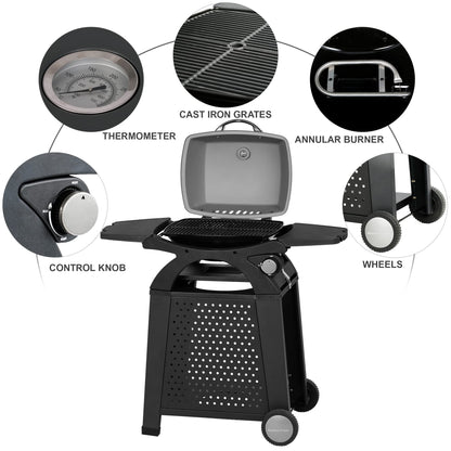 MASTER COOK Liquid Propane Grill BBQ Propane 2 in 1 Portable Tabletop Gas Grill Camping Barbecue Outdoor Cooking Grill with Cart, Black 18.7 x 14-inch 11,500 BTU