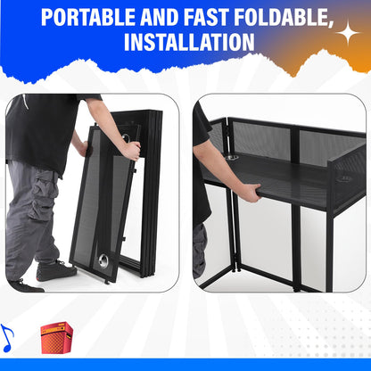 Portable DJ Facade Booth,52"L X 26"W DJ Facade with White & Black Scrim,Foldable DJ Table Station with Adjustable Feet for Party, Black Metal Frame