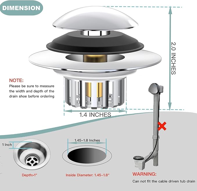 Kitchen Sink Drain Strainer 3 in 1, 304 Stainless Steel Pop Up Sink Stopper