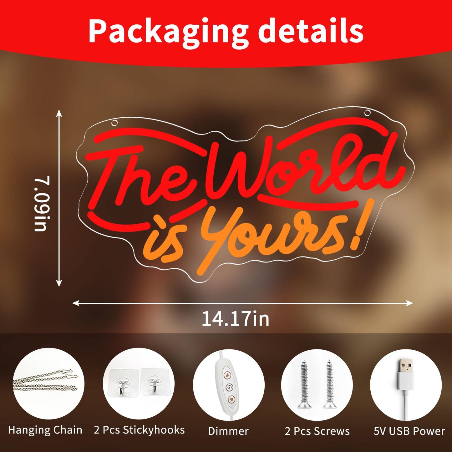 The World is Yours Neon Sign, Dimmable LED Neon Signs for Wall Decor, USB Powered Neon Light Sign Wall Art for Bedroom Christmas Party Classroom, Postive Aesthetic Decoration 14.17 x 7.09"
