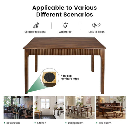 55" Solid Wood Dining Room Table for 4-6,Modern Farmhouse Rectangular Kitchen Real Wooden Table,Mid Century Fluted Design Large Furniture Desk for Home,Apartment,Living Room Walnut