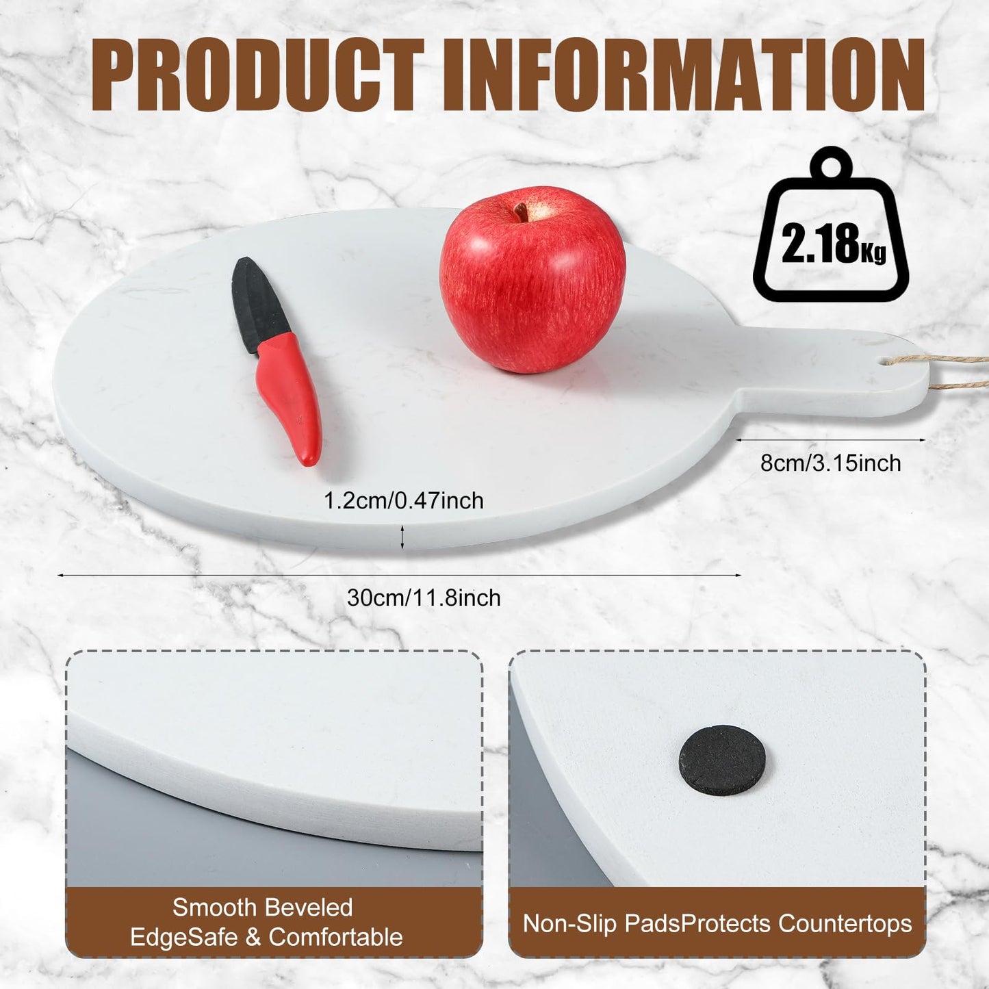 Ferrochef Round Marble Charcuterie Cutting Serving Board, 12 Inch Cheese Board with Handle for Kitchen Wedding Anniversary Bridal Shower, or Housewarming Gift