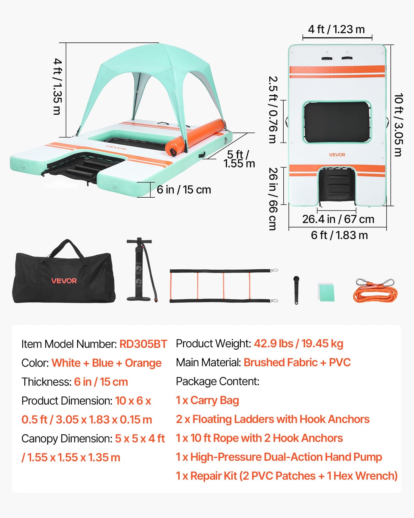 VEVOR Inflatable Floating Dock, 10 x 6 FT Inflatable Dock Platform, Non-Slip Water Air Mat with Portable Carrying Bag and Detachable Ladder, Floating Water Platform Island Raft for Pool Beach Ocean