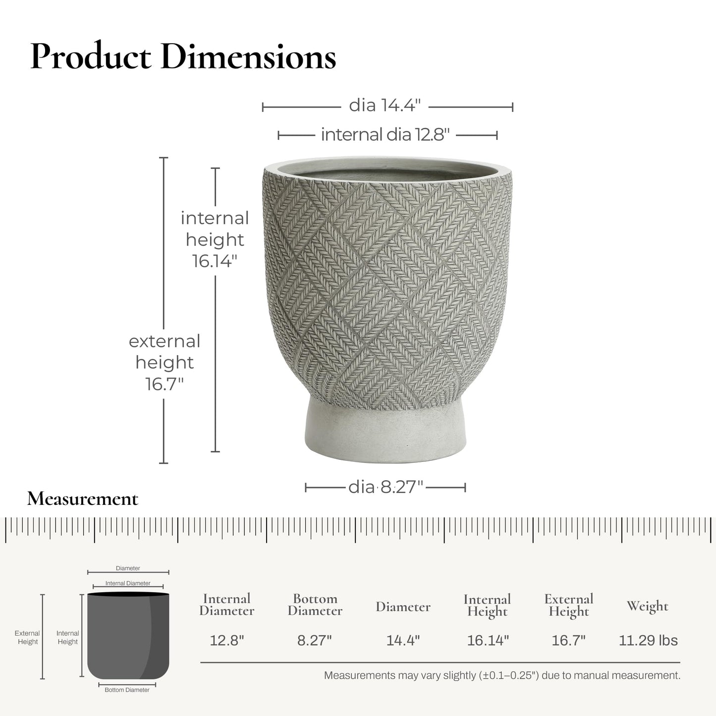 LuxenHome 16.5" H Concrete Tall Urn Planters, Large Outdoor Indoor Decorative Plant Pots with Drainage Holes and Rubber Plug, Modern Gray Glen Woven Pattern Flower Pot Planters for Home Garden Patio