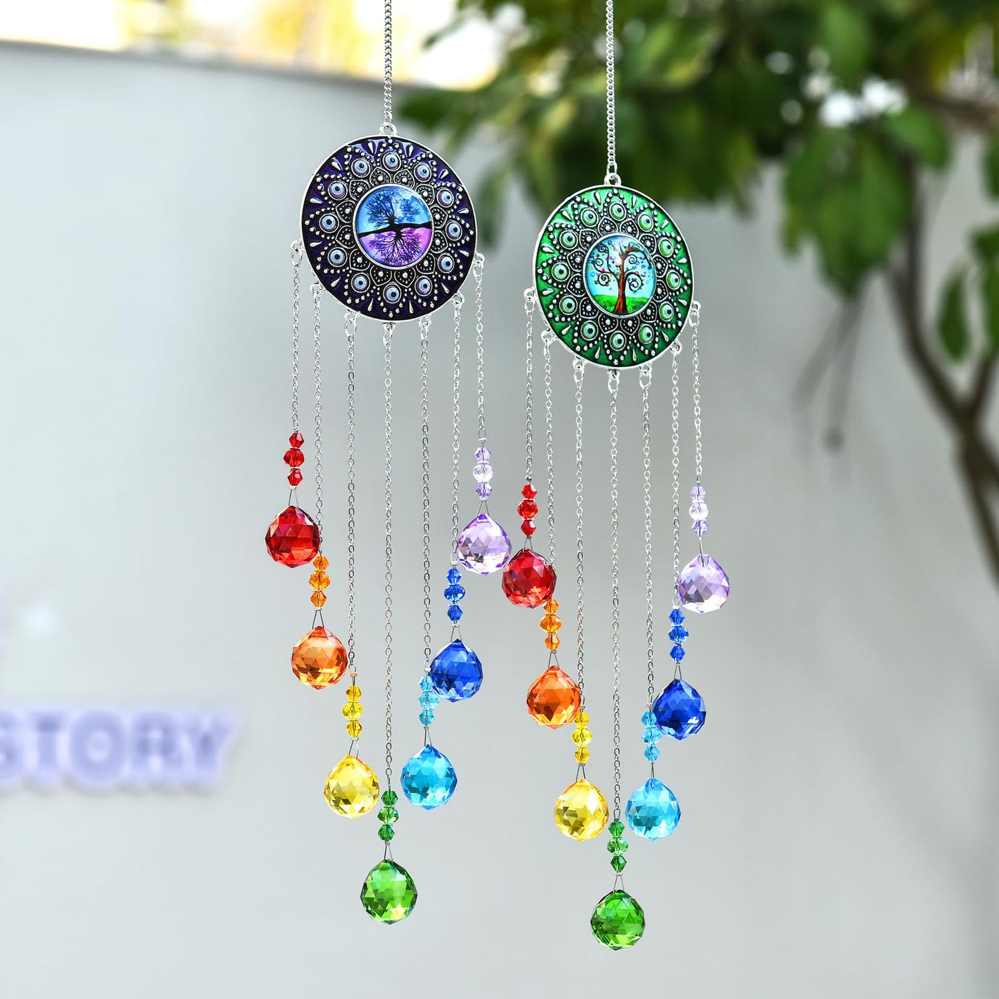 Tree of Life Crystal Sun Catcher, Hanging Sunlight Catcher, Sun Catchers with Crystals, Crystal Wind Chime, Birthday Gift, Home Decoration (Purple)