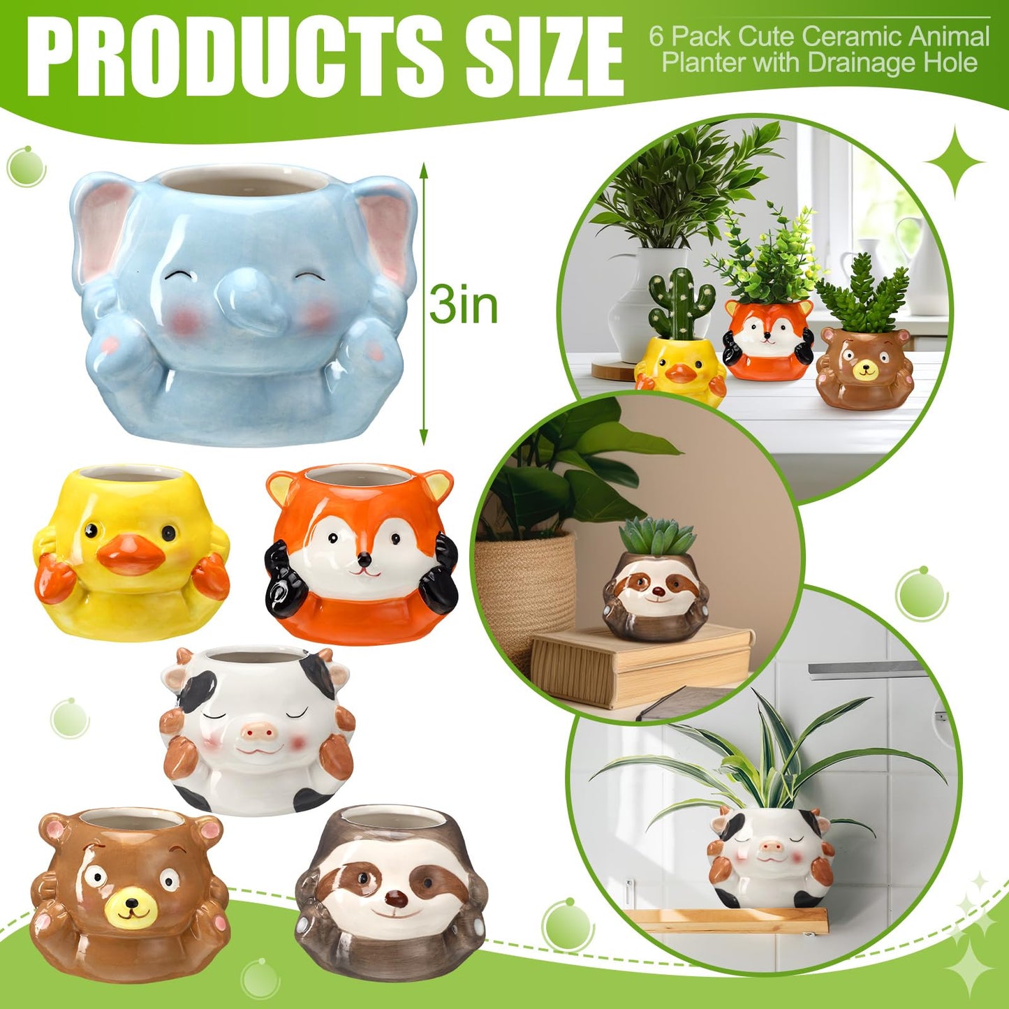 6 Pcs 3 Inch Cute Animal Succulent Pot Small Animal Ceramic Planter with Drainage Hole Office Desk Cartoon Ceramic Succulent Planters Garden Pots for Mini Plant Cactus Flower Women Gift Home Decor