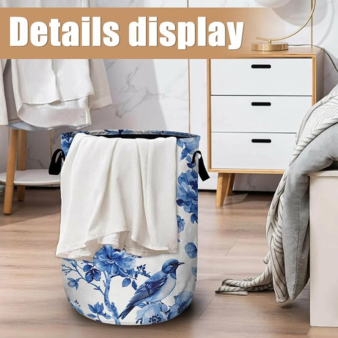 Blue Flower Bird Laundry Basket, Foldable Waterproof Laundry Hamper Tote Bag