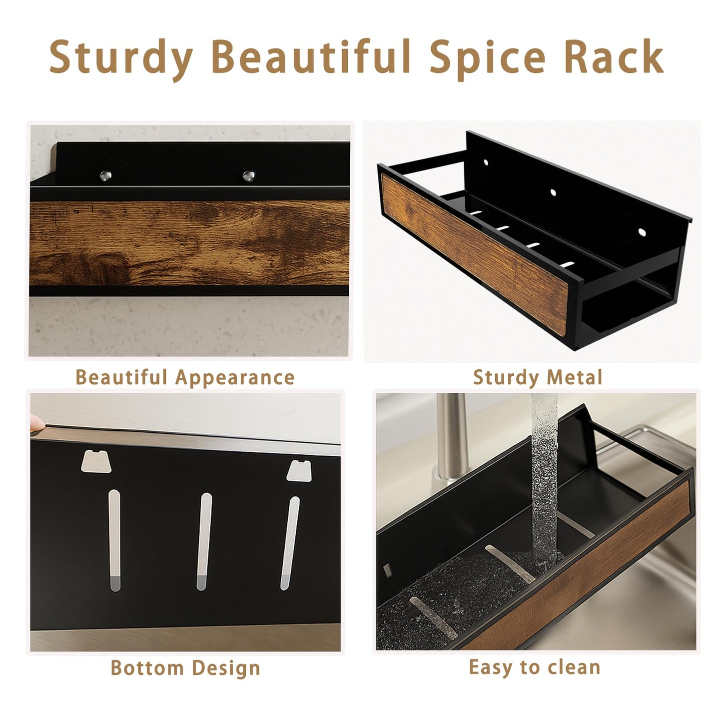 ROURANB Spice Rack Wall Mount for Large Spice Jars, 6 Pack Ironwood Spice Organizer shelf for Rustic, Industrial and Modern Kitchens,Quick Adhesive Strips and Screws for Mounting (Engineered Wood)