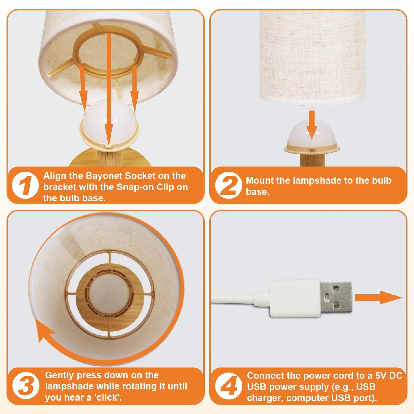 Touch Bedside Table Lamp - Stepless Dimming USB Powered, Minimalist Wood Base Linen Shade, 2700K Warm Light for Bedroom Nightstand Nursery Dorm Small Spaces, 5W LED 50K Hrs (No Bulb Replacement)