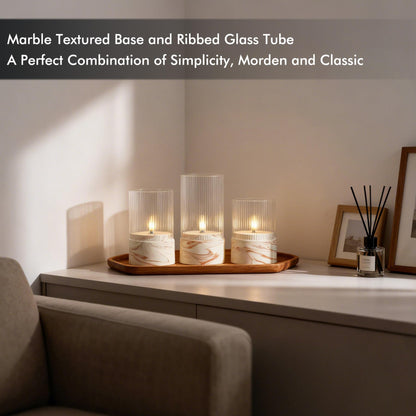 Fanna 3 Flameless LED Candles with Timer Function in Marble Texture, Battery Operated Glass Candles for Home Decor and Table Centerpieces, Cream and Burnt Orange Design - H 4" / 5" / 6"