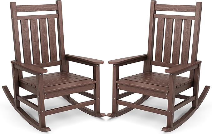 SERWALL Oversized Outdoor Rocking Chair Set of 2, HDPE Rocker for Adults, Patio Rocking Chairs for Porch, Brown