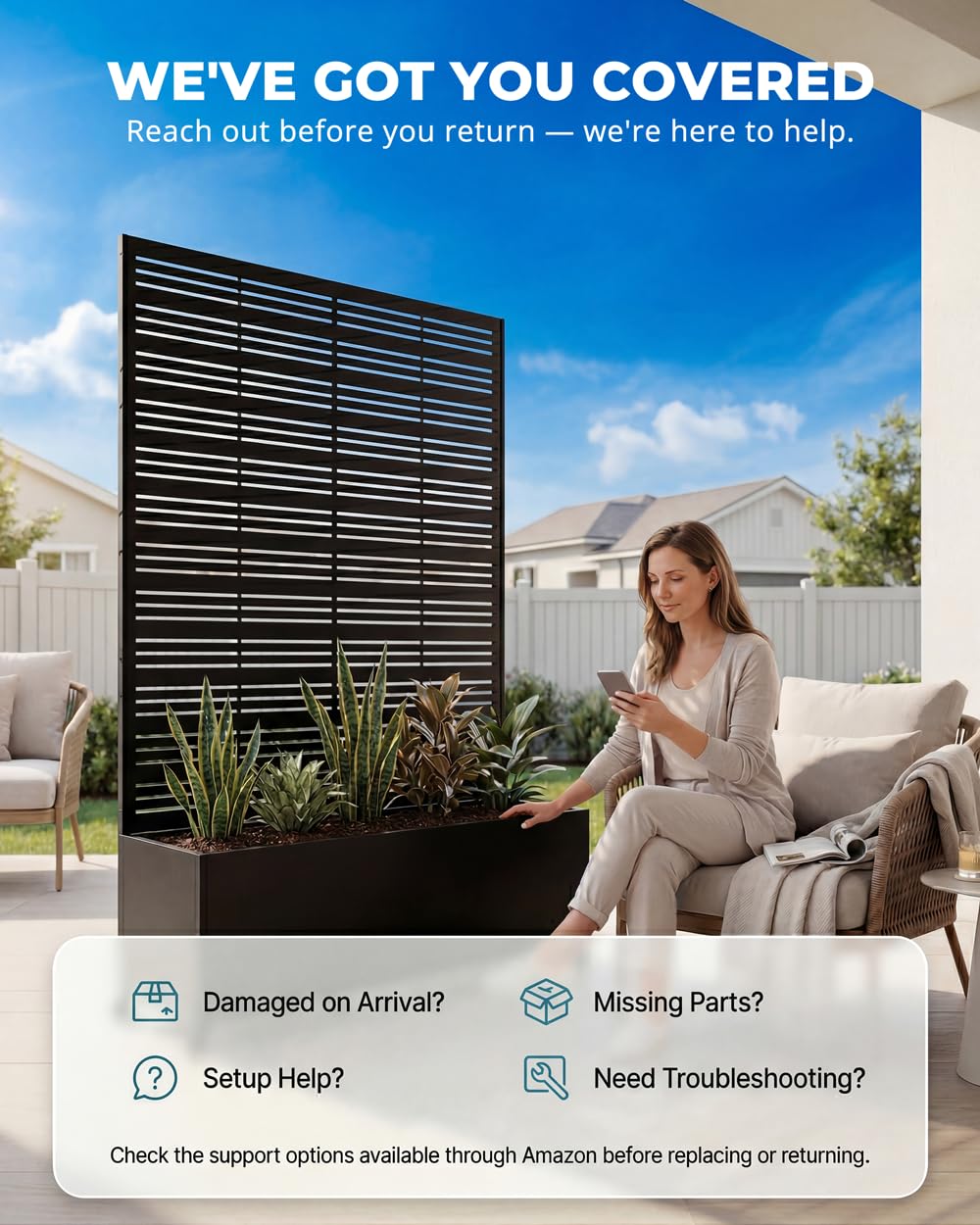 TinFrey Metal Raised Garden Bed with Trellis, 73"×47"×16" Privacy Screen Planter Box on Wheels — 61 lbs Won't Blow Over, Rust-Proof Louvered Design for Climbing Plants, Patio, Deck, Balcony - Black