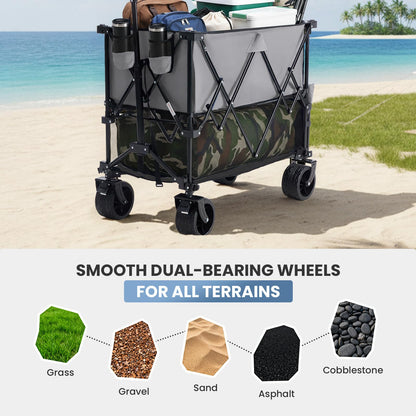 DUMOS 440LBS Heavy Duty Double Decker Wagon Cart with Extender, 400L Large Capacity Collapsible Folding Wagons with Brakes, Adjust Handle, All-Terrain Big Wheels for Garden Shopping Camping - Grey