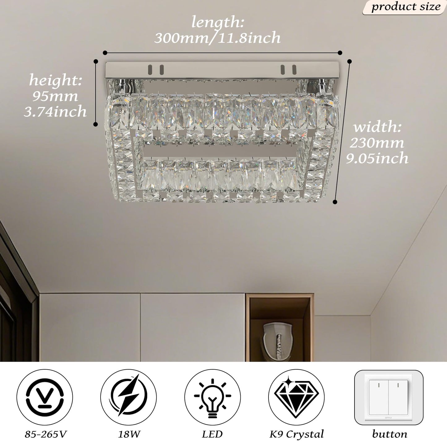 Finktonglan Modern Crystal Flush Mount Ceiling Light, 11.8" Rectangular LED Ceiling Fixture with Multi-Faceted Crystal Prisms, Cool White, 18W Low Profile for Bedroom Hallway Entryway