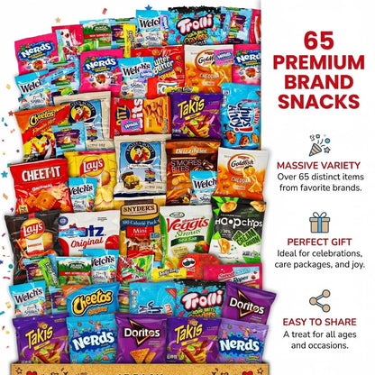 Snack Variety Care Package Gift Box, 65 Count Ready To Gift Assorted Snacks With Cookies Chips Bars Popcorn Crackers For Adults Kids Office Break Rooms School Snacks Camp Snack Gift Birthdays Welcome Gifts Get Well Soon Box