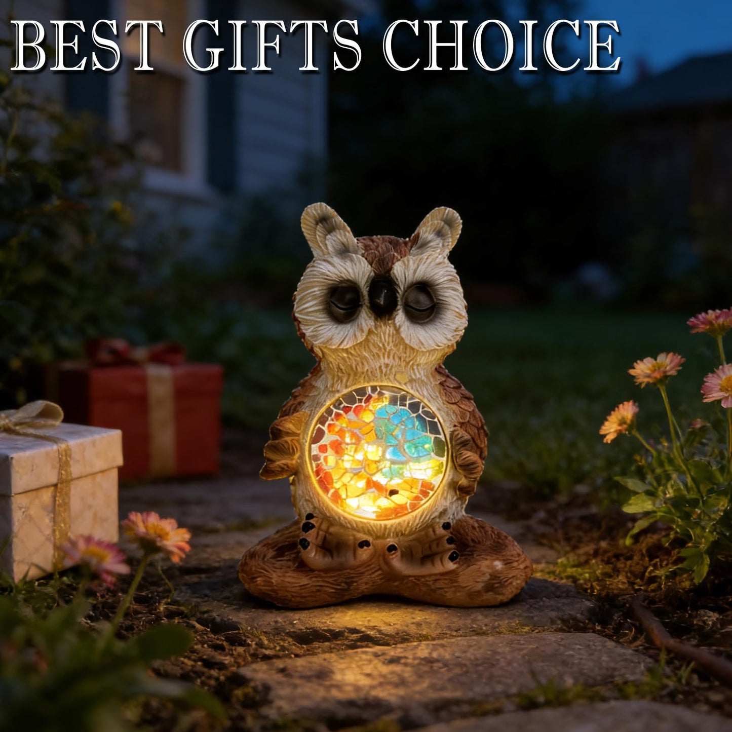 Vasesun Solar Owl Garden Statues Decor for Outdoor, Brown Yoga Owl Figurine Lights for Lawn Patio Yard Decoration - Unique Christmas Housewarming Gift for Grandma Wowen Mom