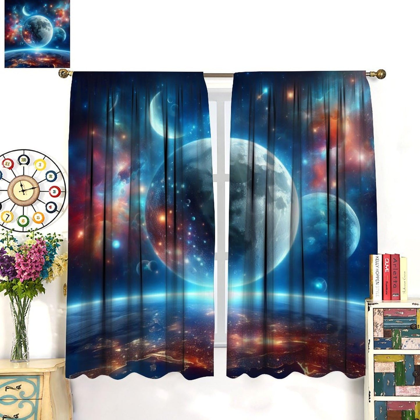 FAOTELY Galaxy Planet Curtains Earth Moon Outer Space Universe Nebula Stars Starry Sky Kids Blackout Window Drapes for Bedroom Living Room Kitchen Cafe Decor （W21xL45 Inch） x2 Panels