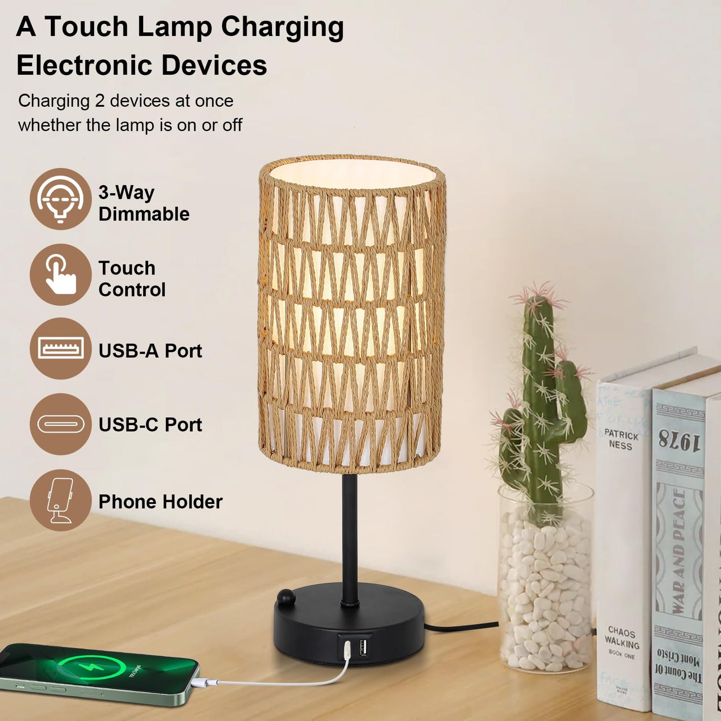 Touch Table Lamp For Bedroom with Bulb, Boho Small Desk Lamp For Living Room With Rattan & Linen Shade, 3 Way Dimmable Bedside Table Lamp For Nightstand With USB Charging Port & Phone Stand For Office