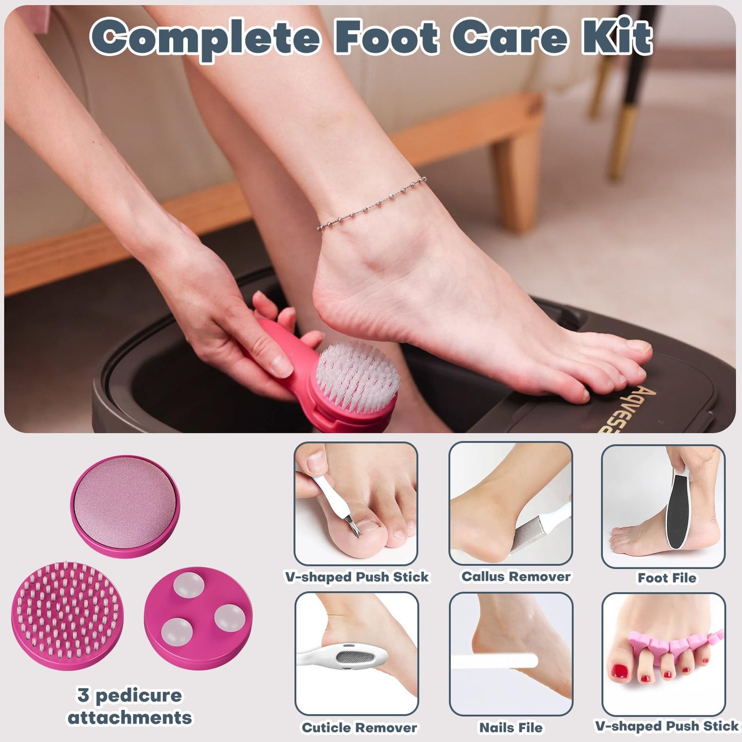 Aqvesane Collapsible Foot Bath, Foot Spa Bath Massager with Heat, Bubble, Remote Control, Temperature Control, 3 Pedicure Attachments, Feet Soaking Tub for Stress Relief