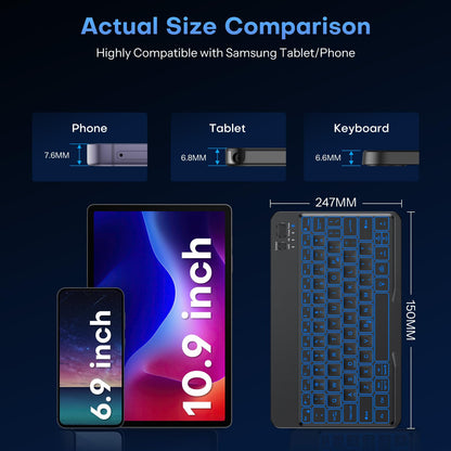 OMOTON Bluetooth Keyboard for Tablet/Android/Windows/iOS, with 7 Colors Backlight Rechargeable Wireless Mini Keyboard for Galaxy Tab A9+/A9+ Plus/S9/S9 Plus/S9 FE, Black