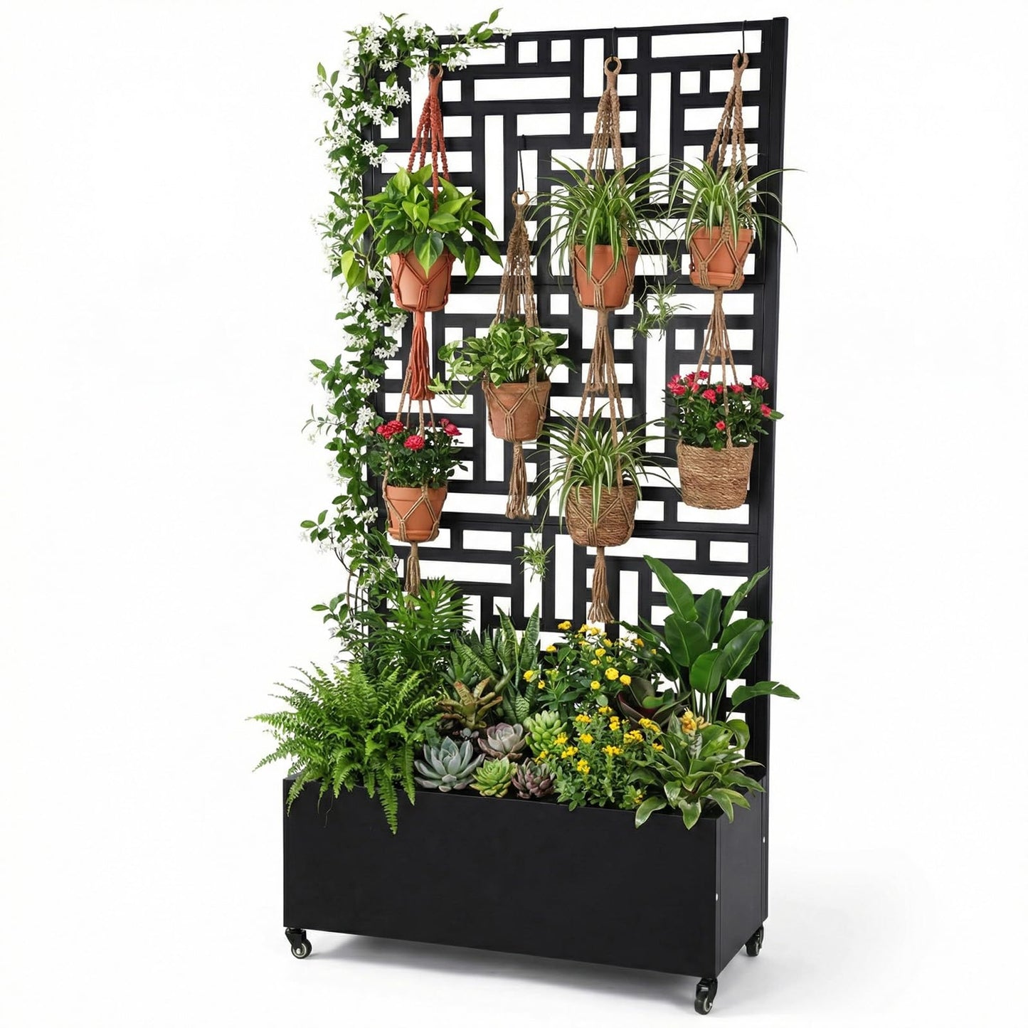 ALINUOYQ 70.87x35.43x15.75 Inch Metal Planter Box with Trellis and Wheels Raised Garden Bed with Drainage Holes Privacy Planters Suitable for Climbing Plants and Vegetables (02)