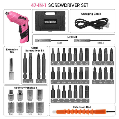 MQFORU Cordless Screwdriver, 48 in 1 Portable Cordless Drills, 3.6V Rechargeable Electric Screwdriver Kit, Dual Position Handle with USB Cable LED Light for Home Office DIY Tools