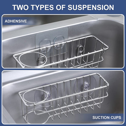 3-In-1 Sponge Holder for Kitchen Sink with Suction Cups & Adhesive Hook, In-sink Sponge Holder, Wall Hanging Sink Caddy Organizer Rack - Sponge, Dish Cloth, Brush, Scrubber - 304 Stainless Steel