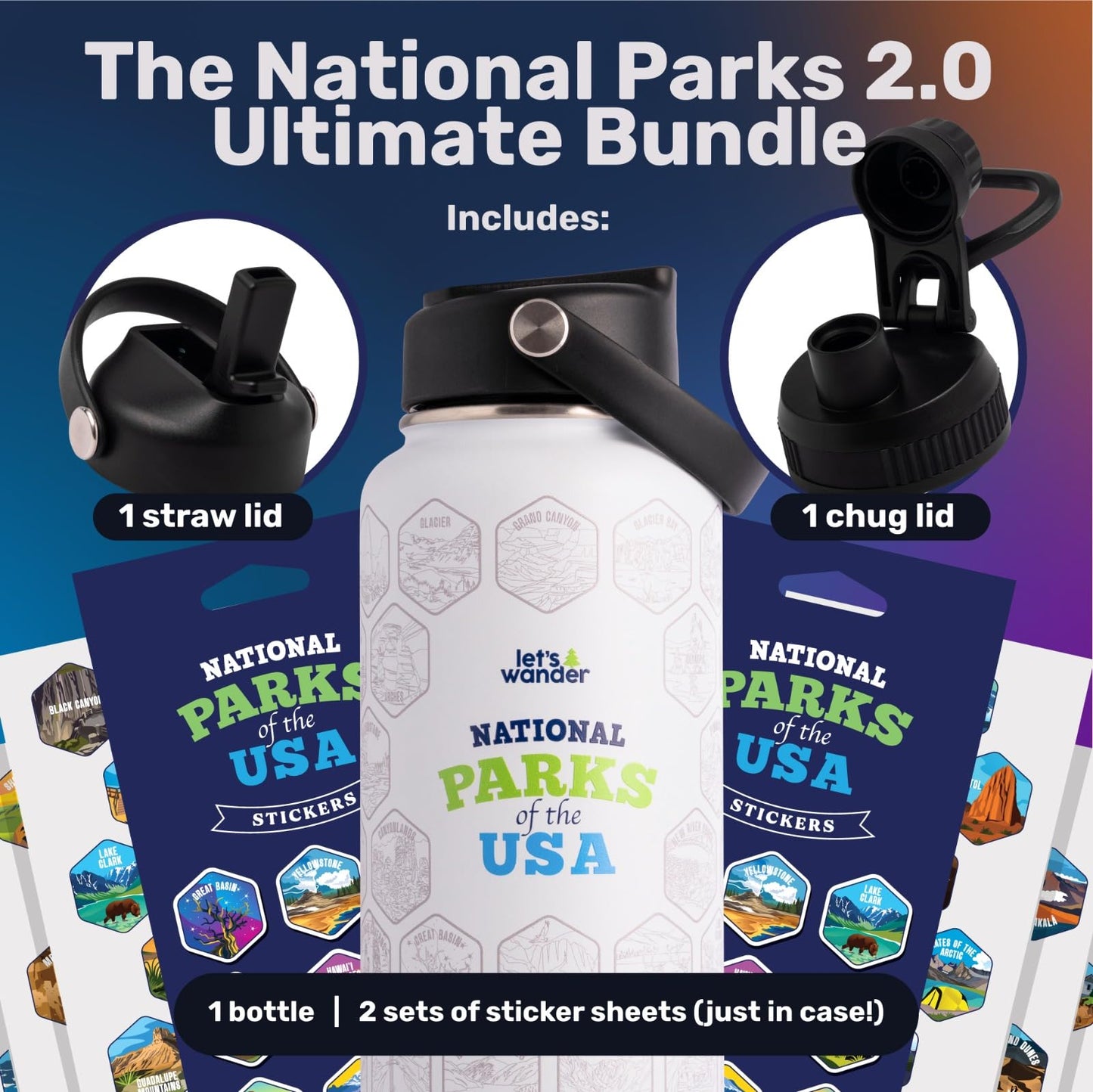 LET'S WANDER National Parks Water Bottle 2.0 Ultimate Bundle | Includes Straw Lid, Chug Lid and 2 Sets of 63 Waterproof Stickers | 32oz Leakproof Insulated Stainless Steel Gift Pack (Black)