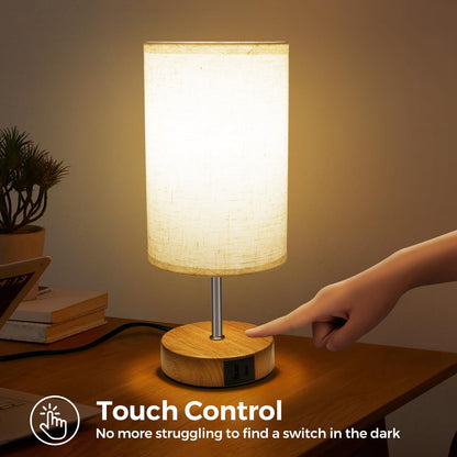 Suright Touch Control Bedside Lamps, 3-Way Dimmable Table Lamp with USB A+C Charging Ports, Touch Lamps Bedside with Linen Fabric Shade, Small Table Lamp for Bedroom Living Room (LED Bulb Included)