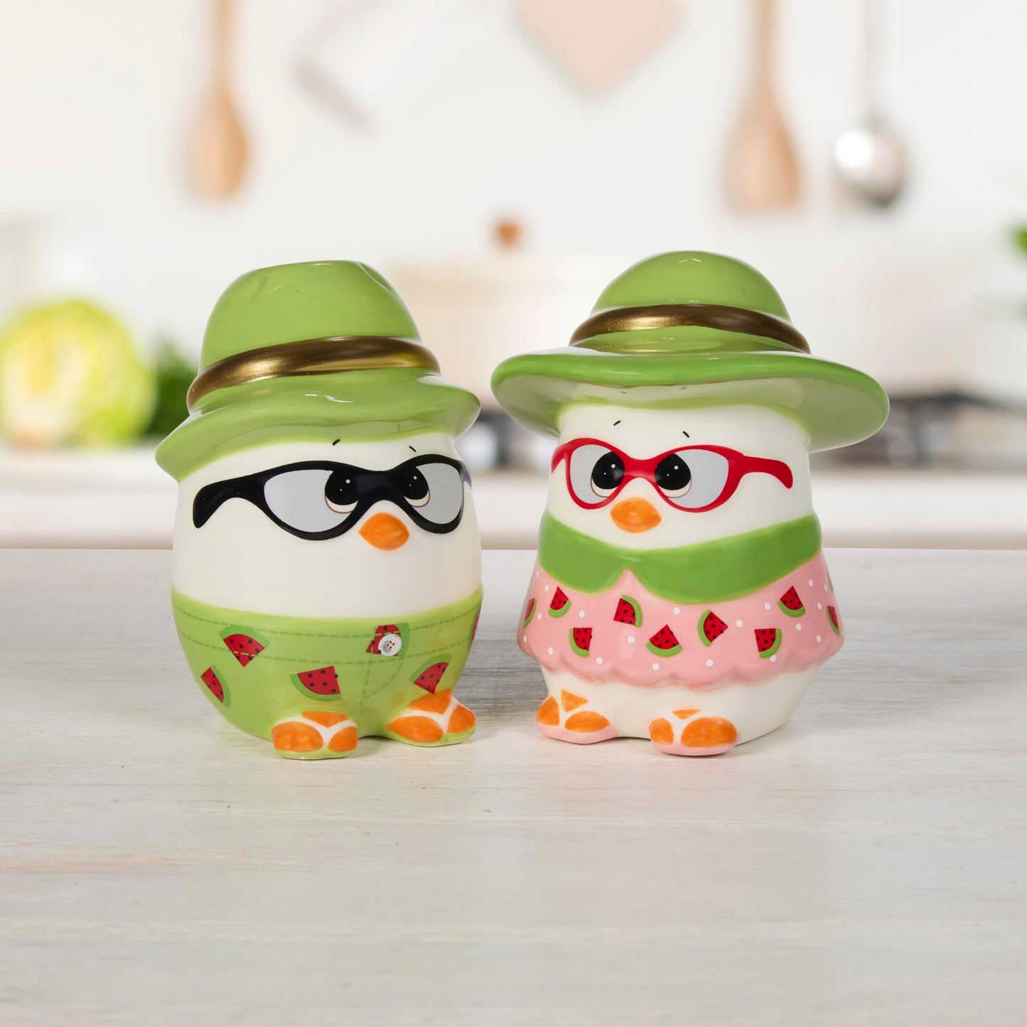 Precious Moments Summer-Themed Ceramic Salt & Pepper Shakers | Watermelon-inspired Figurines | Angeled Eggs Design | Ideal for Picnic and Summer Dining Decor | Unique Gift for Collectors
