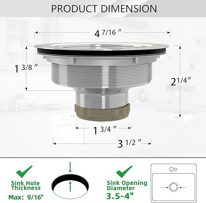 Kitchen Sink Drain 3-1/2 Inch Brushed Stainless Steel Sink Drain Strainer