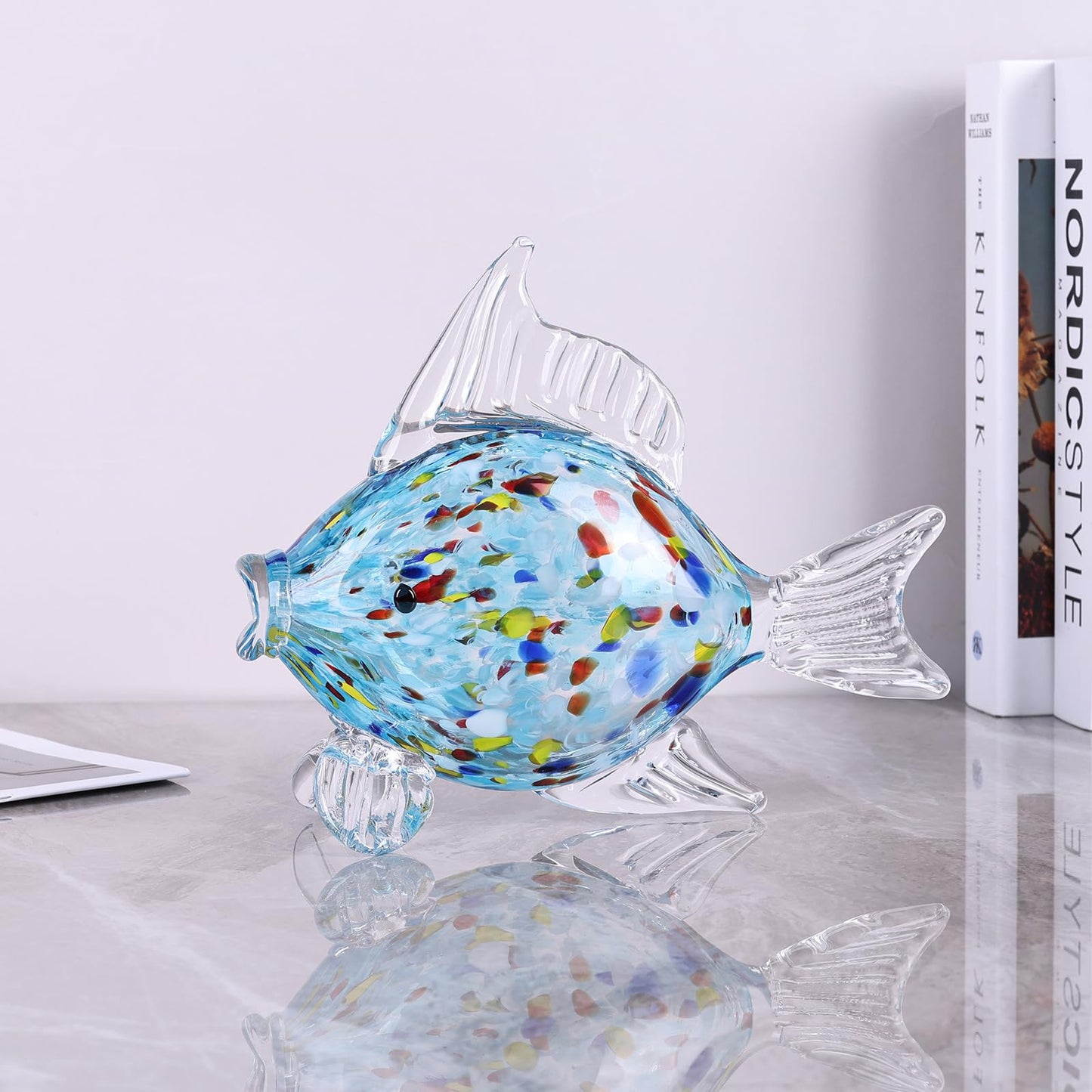 LINYTHER Large Glass Fish Figurine for Home Decor, Hand Blown Art Glass Ocean Animal Statue, Decorative Coastal and Beach Themed Sculpture for Table, Shelf, Bathroom, Living Room or Office