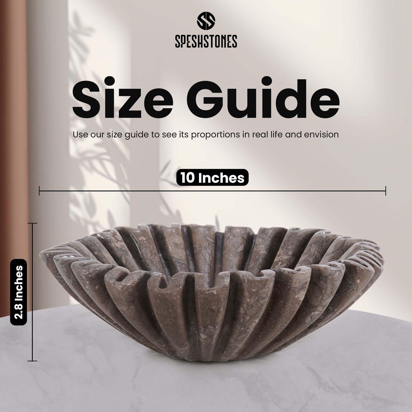 SPESHSTONES Marble Scalloped Bowl Handmade 10 Inch Ruffle Bowl, Large Decorative Bowls for Home Decor, Modern Fruit Bowl for Kitchen Counter, Stone Fluted Bowl for Housewarming Gifts
