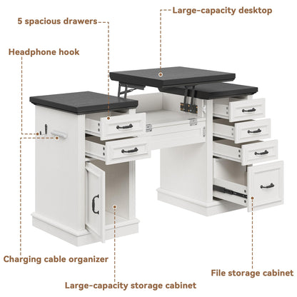 Jocoevol 57" Lift Executive Desk with Drawers, Farmhouse Home Office Desk with File Cabinet Storage, Computer Desk with Charging Station & Headphone Hook for Work/Study/Writing (White & Black, Lift)