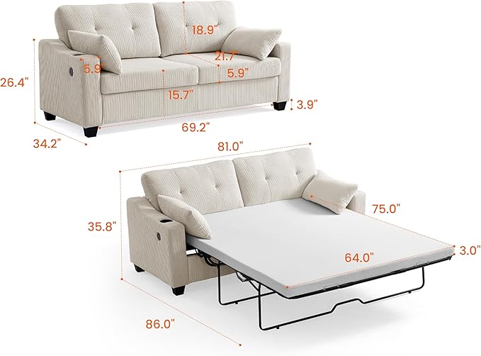 Queen Size Pull Out Sleeper Sofa Bed, 2-in-1 Convertible Corduroy Pull Out