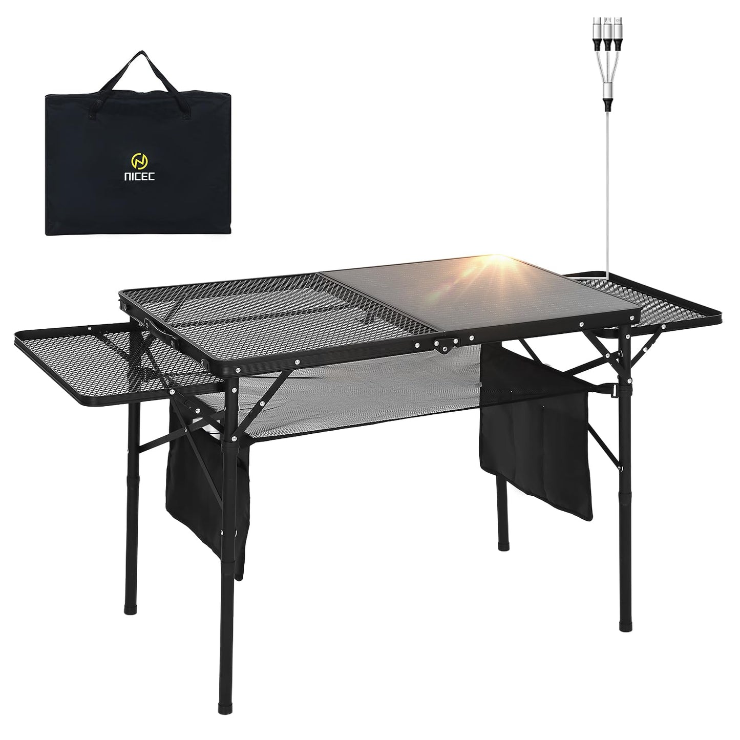 Nice C Camping Table, Ourdoor Folding Grill Table, Tailgate Tables, Solar Panel Tables with USB Type-C&DC Charging Cable, 42W Portable Solar Charger, 2 Side Shelves, with Mesh Net&Cup Holders