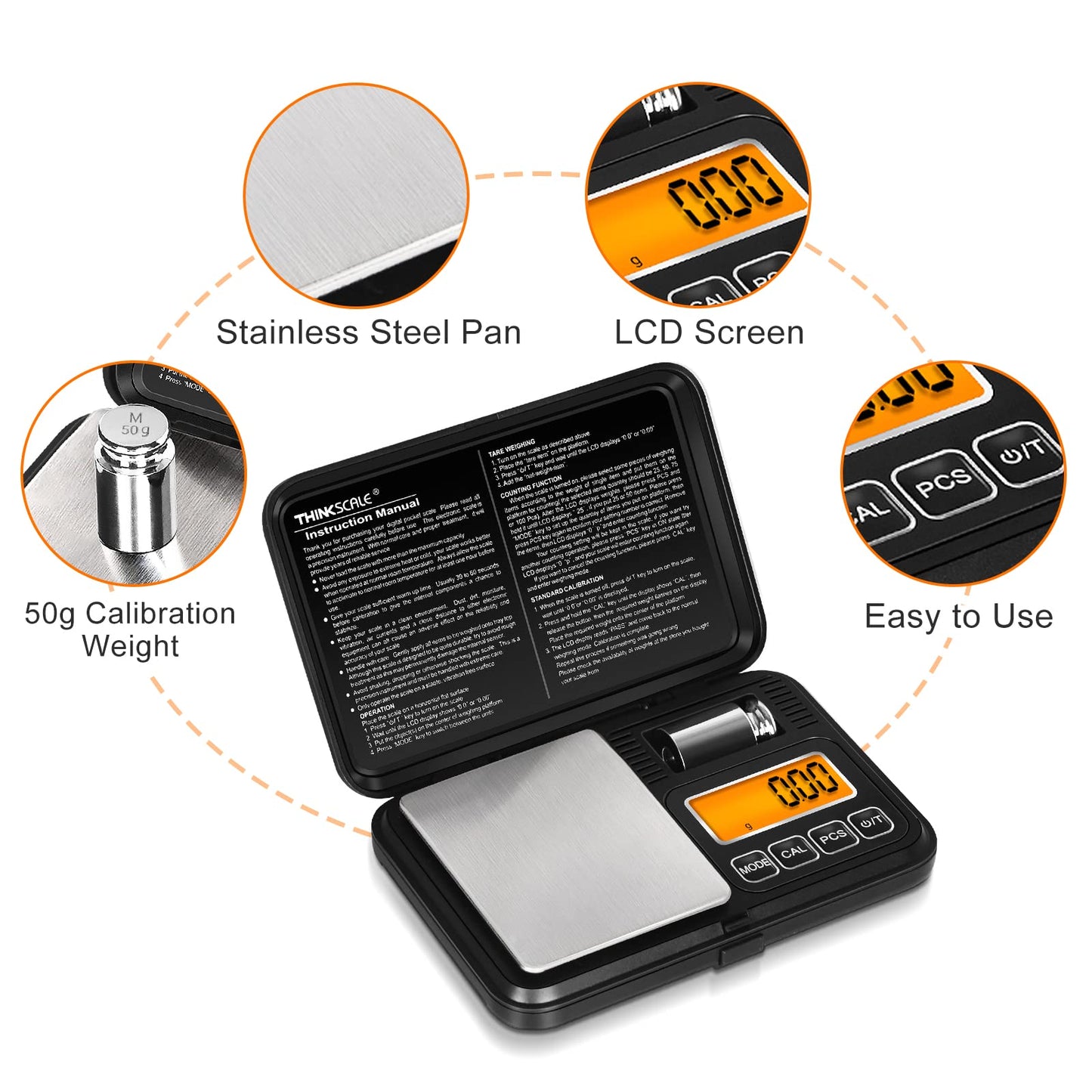 THINKSCALE Digital Pocket Scale 200g/ 0.01g, Gram Scale with LCD Backlit, Tare, Mini Scale 6 Modes, Small Scales Digital Gram and Oz for Jewelry, Powder, Herbs, Coins, Spices, Battery Included