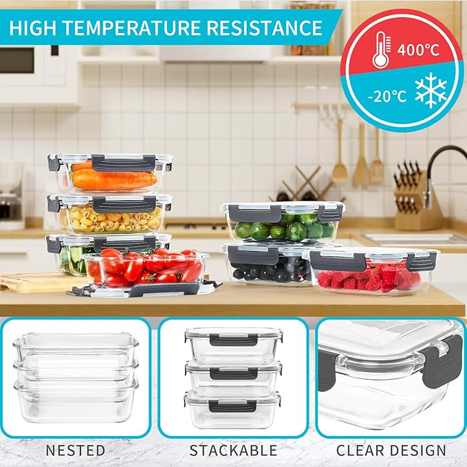 Skroam 10 Pack Glass Meal Prep Containers, 22 OZ Glass Airtight Food Storage