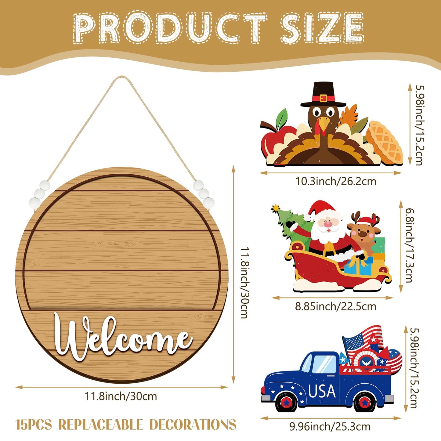 Sintuff 16 Pcs 12 Inch Interchangeable Welcome Sign for Front Door Wood Seasonal Magnetic Icon Holiday Wreath Decor Rustic Hanging Sign for Patriotic Summer Home Warming Gift(White Word, Wood Back)