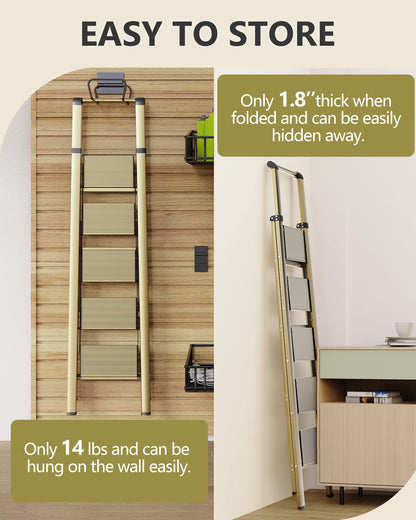 WOA WOA 5 Step Ladder, Ladders for Home, Anti-Slip Pedals, Aluminum Step Stool Foldable, Lightweight to Move, Ease of Storage, Reach 10ft for Closet Kitchen Library, Hold 300lbs - Gold