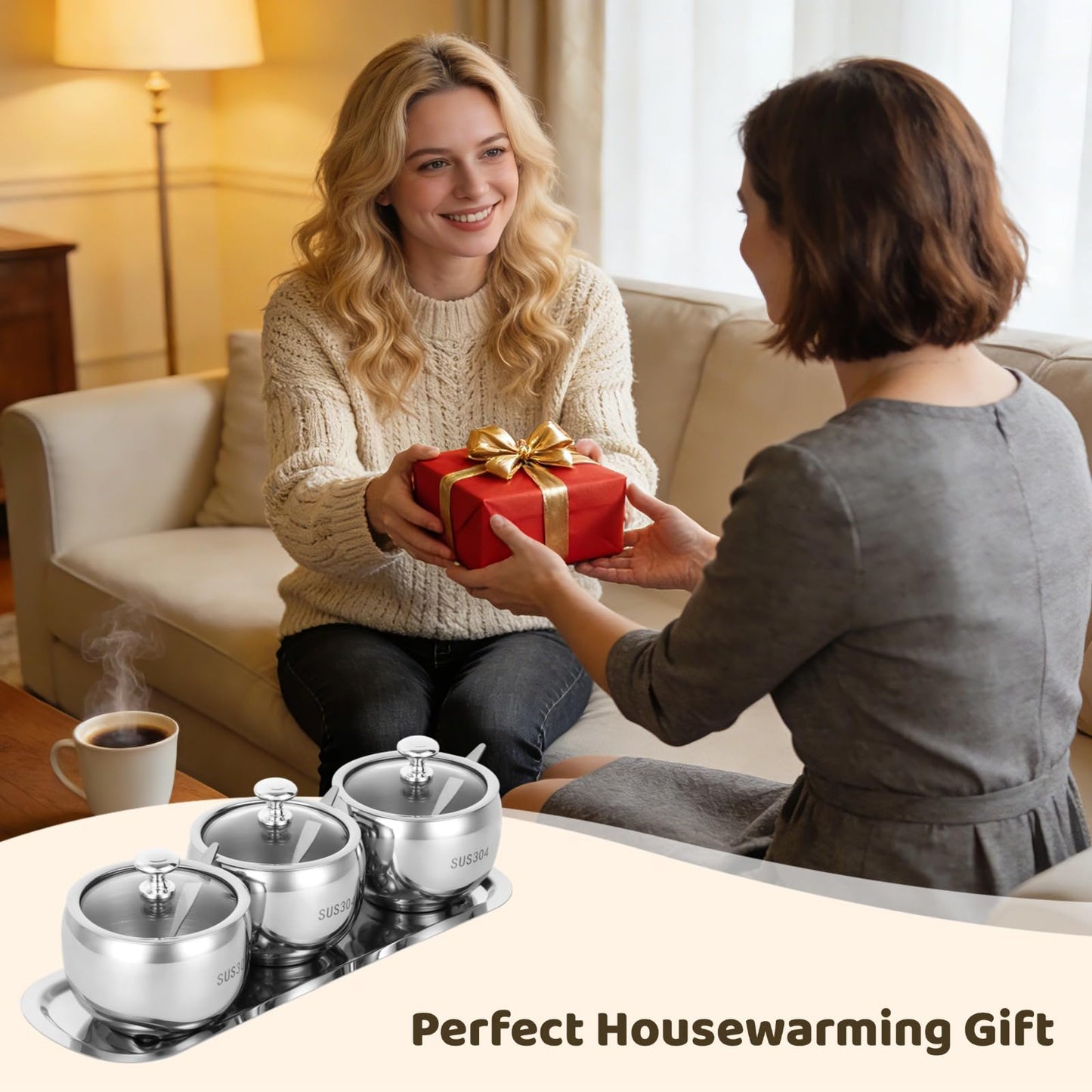 COSYOO 3 Pcs 304 Stainless Steel Seasoning Container Set with Tray, Includes Spoon Lid for Each Jar, Spice Pots on Tray, Ideal for Home Kitchen Storage of Salt, Sugar, Pepper
